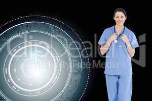 Composite image of smiling medical intern wearing a blue short-s
