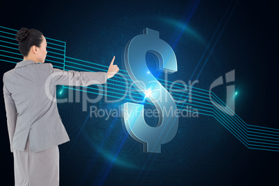 Composite image of unsmiling asian businesswoman pointing