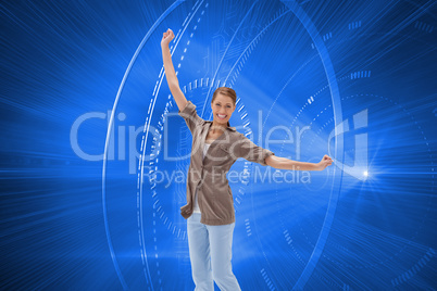Composite image of happy woman jumping