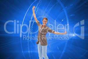 Composite image of happy woman jumping