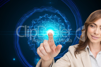 Composite image of businesswoman touching invisible screen