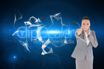 Composite image of thoughtful asian businesswoman pointing