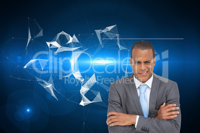 Composite image of doubtful young businessman with arms crossed