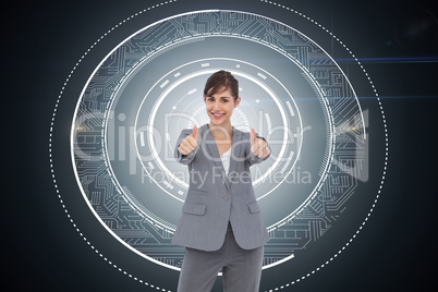 Composite image of smiling businesswoman giving thumbs up