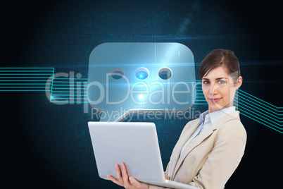 Composite image of confident young businesswoman with laptop