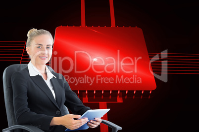 Composite image of businesswoman sitting on swivel chair with ta