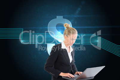 Composite image of businesswoman using laptop