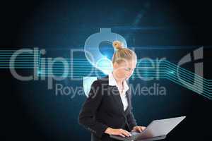 Composite image of businesswoman using laptop