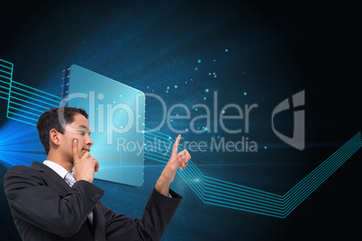 Composite image of thoughtful asian businessman pointing