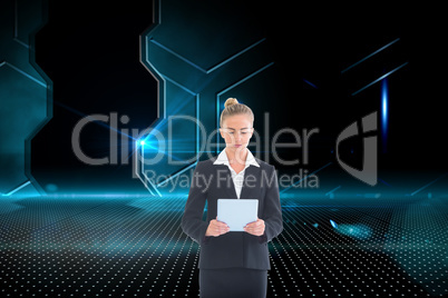 Composite image of businesswoman holding new tablet