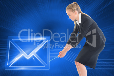 Composite image of businesswoman pulling a rope