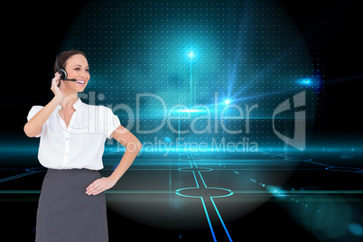 Composite image of cheerful smart call center agent working