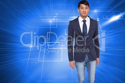 Composite image of unsmiling casual businessman walking