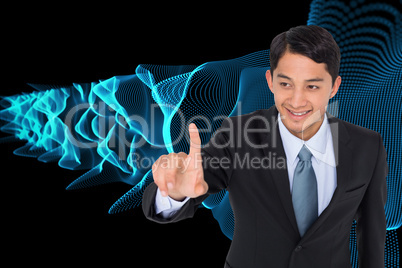 Composite image of smiling asian businessman pointing