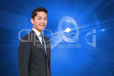 Composite image of shiny magnifier on blue background