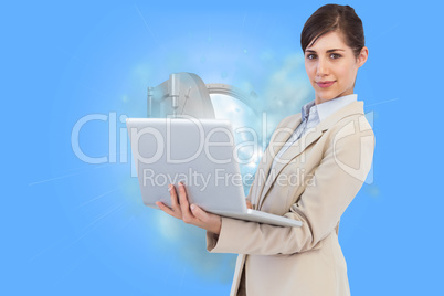 Composite image of confident young businesswoman with laptop