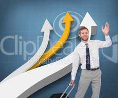 Composite image of handsome businessman with suitcase waving