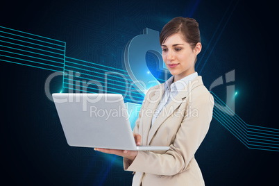 Composite image of confident businesswoman holding laptop