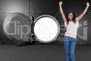 Composite image of a young happy woman stands with her hands in