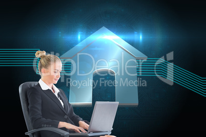 Composite image of businesswoman sitting on swivel chair with la