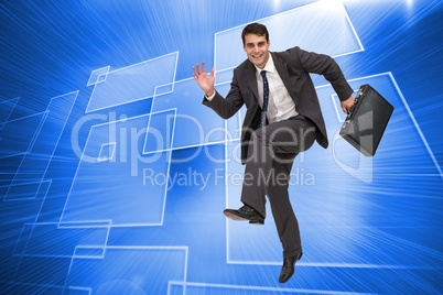 Composite image of happy businessman in a hury