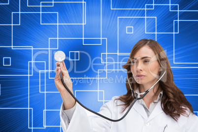 Composite image of thoughtful doctor using stethoscope
