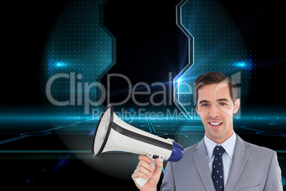 Composite image of smiling businessman holding a megaphone