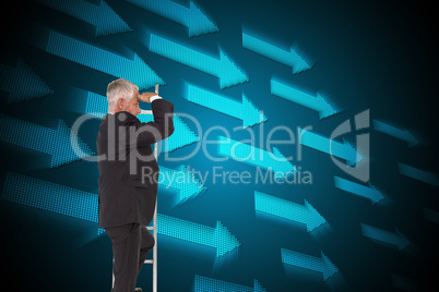 Composite image of mature businessman standing on ladder