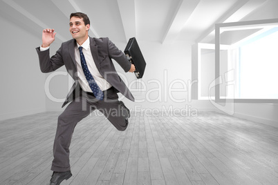 Composite image of cheerful businessman in a hury