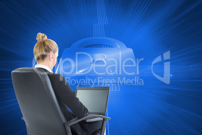 Composite image of businesswoman sitting on swivel chair with la