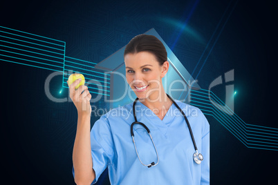 Composite image of happy surgeon holding an apple and smiling at