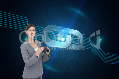 Composite image of curious young businesswoman posing with binoc