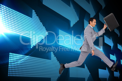 Composite image of businessman running with a suitcase