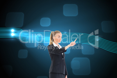 Composite image of businesswoman pointing somewhere