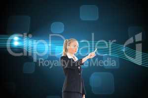 Composite image of businesswoman pointing somewhere