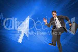 Composite image of happy businessman in a hury