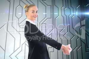 Composite image of businesswoman holding piggy bank