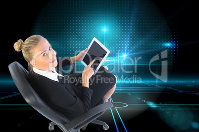 Composite image of businesswoman sitting on swivel chair with ta