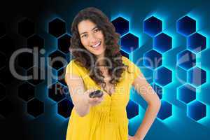 Composite image of smiling curly haired pretty woman changing ch