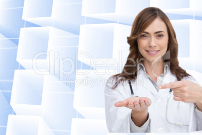 Composite image of smiling doctor presenting her hand