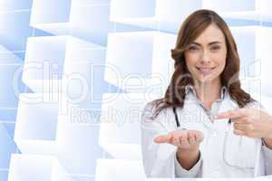 Composite image of smiling doctor presenting her hand