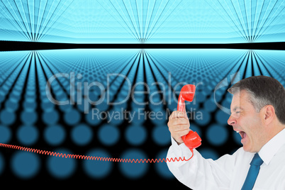 Composite image of businessman screaming directly into the hands
