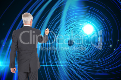 Composite image of rear view of businessman standing and writing