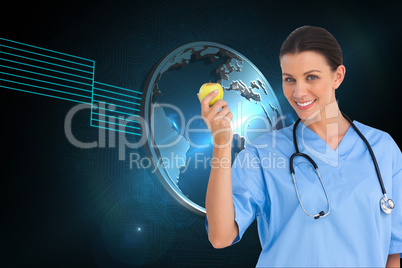 Composite image of happy surgeon holding an apple and smiling at