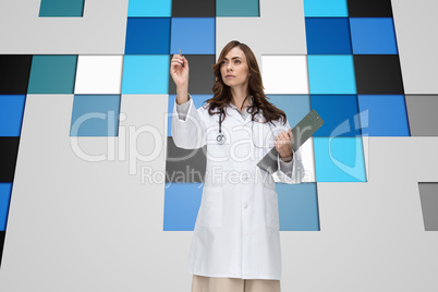 Composite image of stern doctor pointing