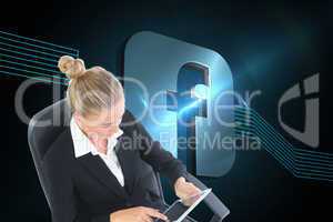 Composite image of businesswoman sitting on swivel chair with ta