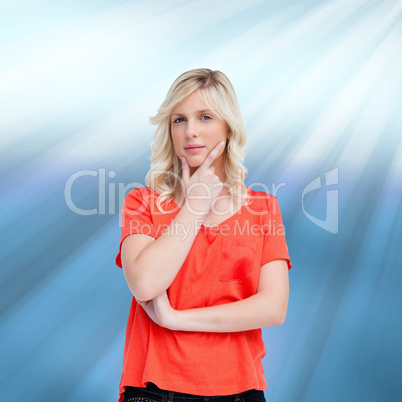 Composite image of teenager standing upright thoughtfully with h