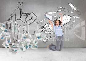 Composite image of happy classy businesswoman jumping while hold