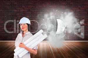 Composite image of confident woman holding construction plans