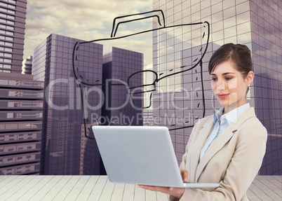 Composite image of confident businesswoman holding laptop